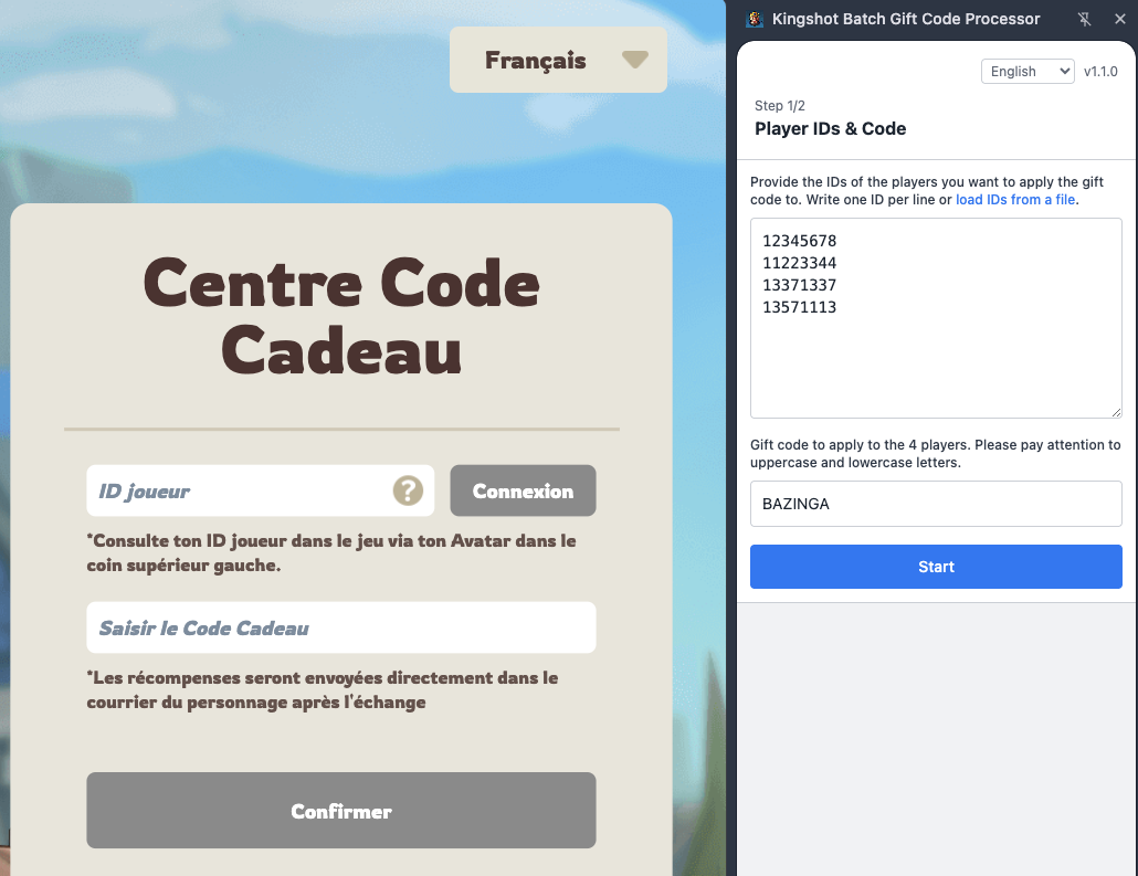 Step 1 - Player IDs and Code input